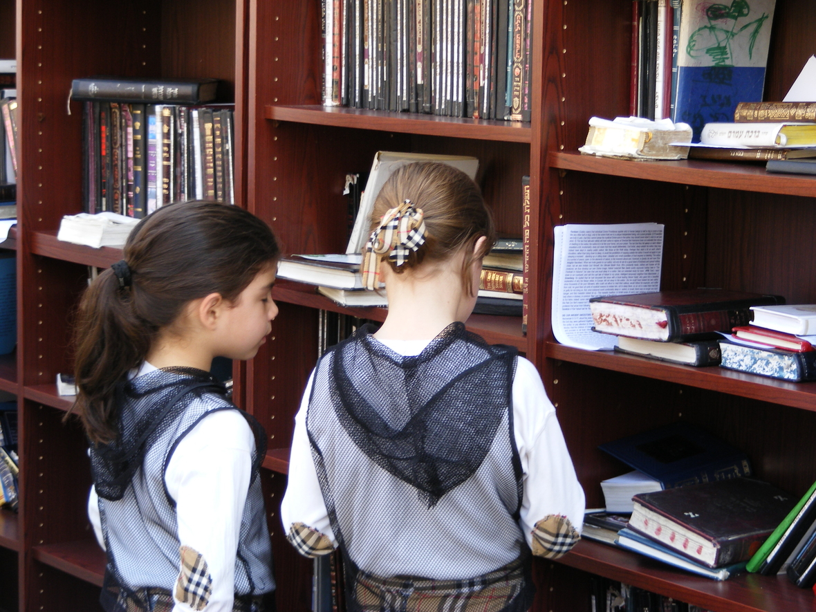 Zwei Mädchen stehen vor einem Bücherregal. Man sieht sie von hinten. 