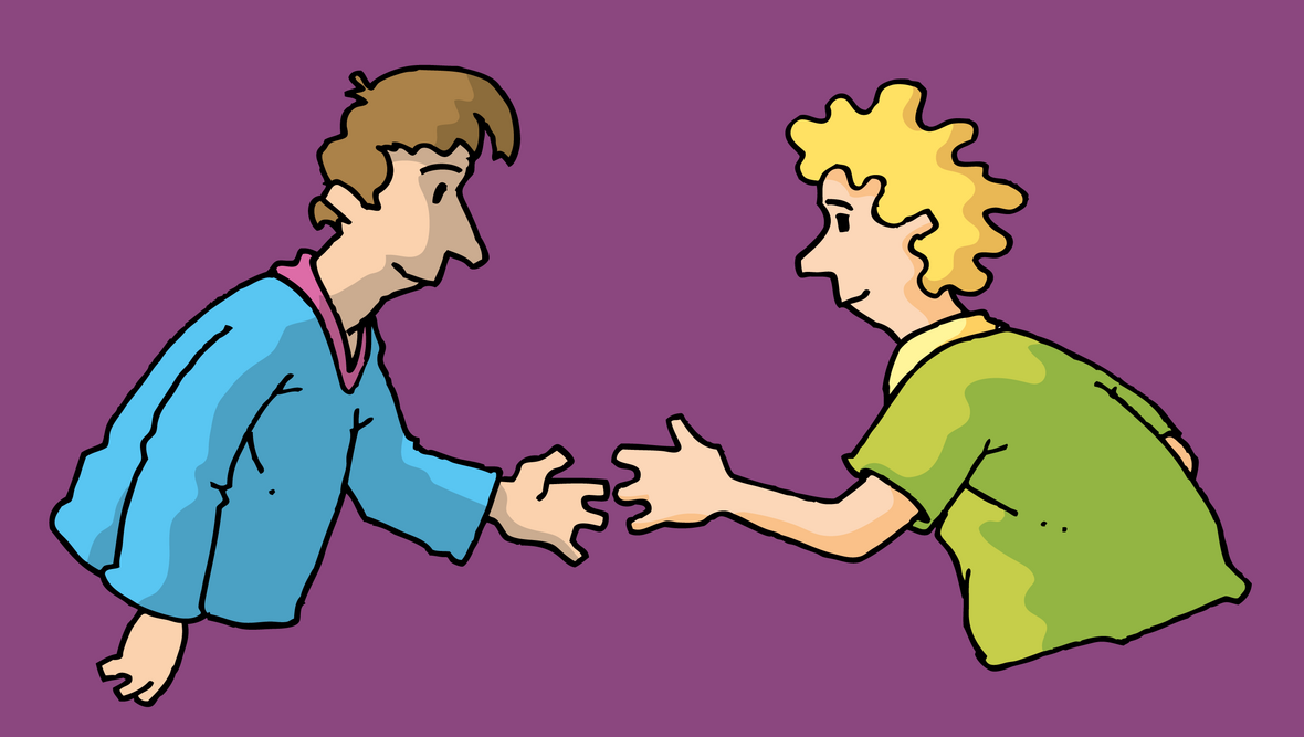 Zwei Figuren gehen aufeinander zu und geben sich die Hand.