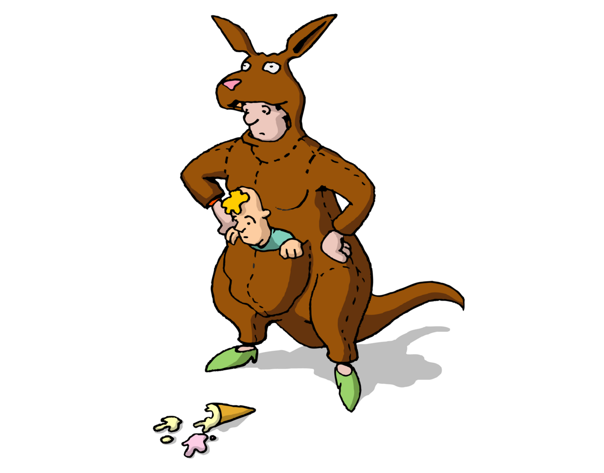 Ein Känguru trägt ein Kind in seinem Beutel. Die Illustration stellt den Begriff "Erziehungsberechtigte" dar.