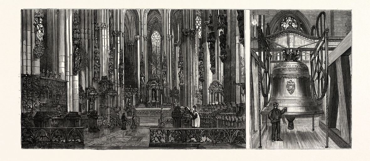 Die Holzstiche von 1880 / 1881 zeigen den Chor, den Hochaltar und die Große Glocke des Kölner Doms.