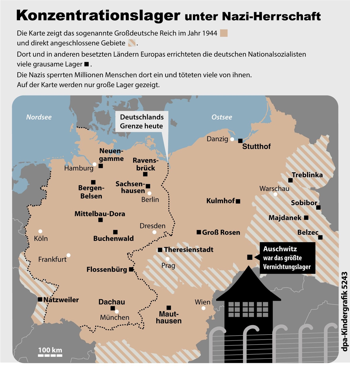 Übersicht über die großen Konzentrationslager während der Herrschaft der Nationalsozialisten.
