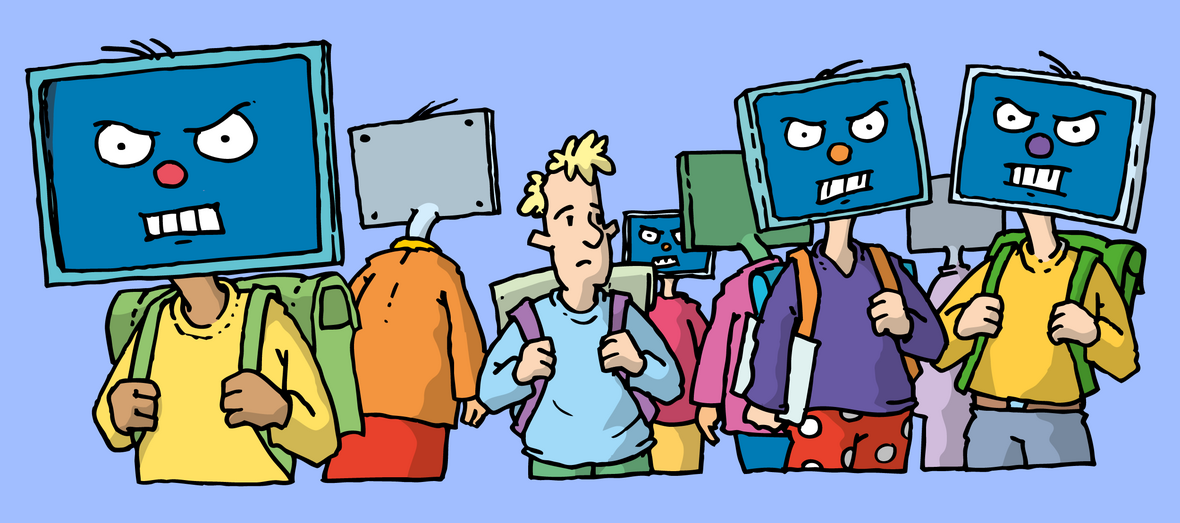 Cybermobbing. Illustration zeigt bösartige Monitore, die eine Figur beobachten.