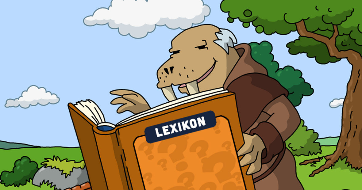 Comicfigur Odo liest in einem großen Buch.