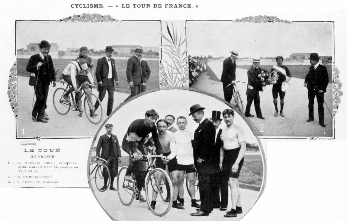 Fotocollage mit 3 Fotos der Tour de France von 1903 mit Maurice Garin, Lucien Pothier und Fernand Augereau 