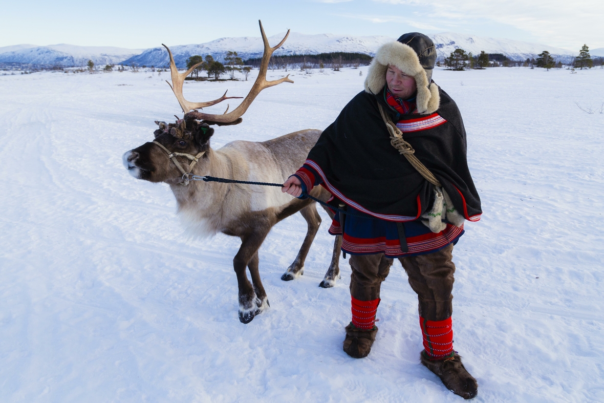 Mann in traditioneller samischer Tracht mit Rentier in winterlicher Schneelandschaft.