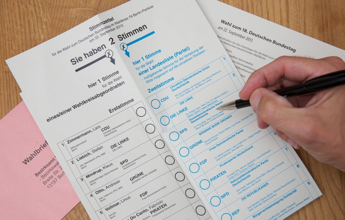 Ein Wahlzettel von der Bundestagswahl 2013. Links macht man ein Kreuzten für die Erststimme, rechts das Kreuzchen für die Zweitstimme.