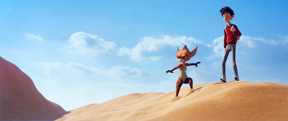 Szenenbild: Das Koboldmädchen Schwefelfell (links im Bild) und der Junge Ben (rechts im Bild) stehen in der Wüste auf einer Sanddüne. Sie entdecken etwas.