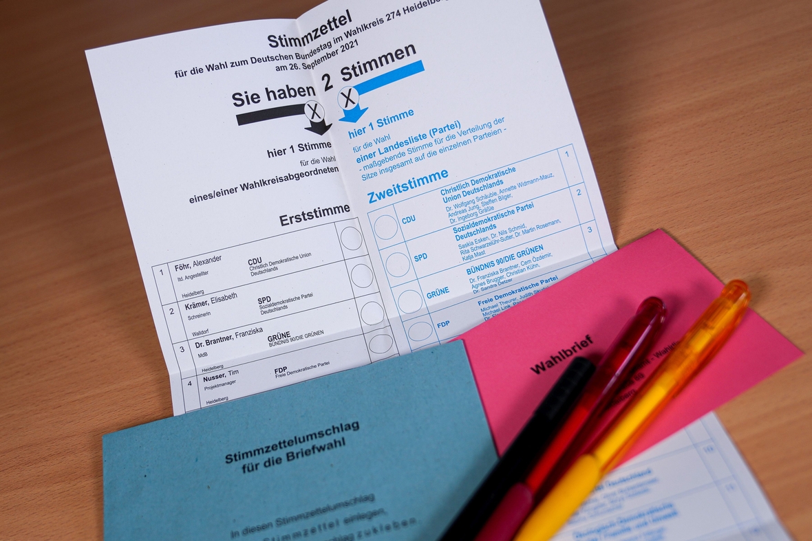 Der offzielle und amtliche Stimmzettel zur Bundestagswahl am 26. September 2021 der Stadt Heidelberg. Links sieht man die Spalte für die Erststimme, rechts die Spalte für die Zweitstimme.