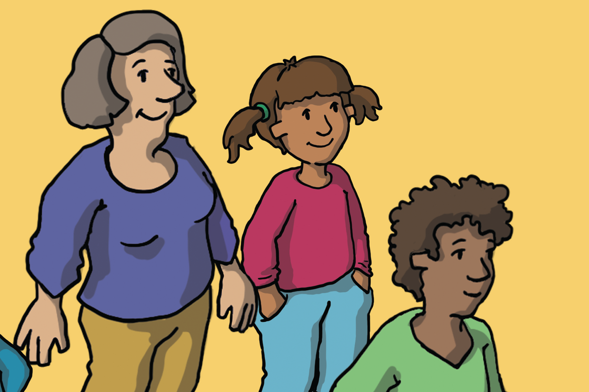 Man sieht unterschiedliche Personen, die alle gleichberechtigt sind. Illustration zu Artikel 3 des Grundgesetzes: Männer und Frauen sind gleichberechtigt.