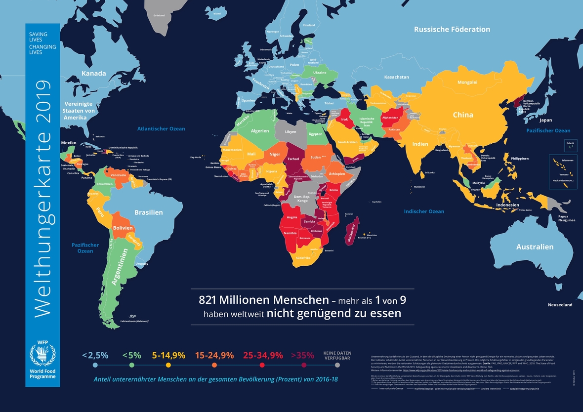 Die Welthungerkarte zeigt, wo die Menschen in der Welt besonders an Hunger leiden. Deutlich wird, dass vor allem in vielen afrikanischen Ländern der Hunger verbreitet ist.