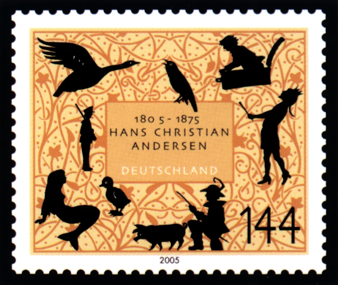 Sonderbriefmarke "200. Geburtstag Hans Christian Andersen" der Deutschen Post. Auf der Briefmarke sind Figuren seiner Märchen abgebildet.