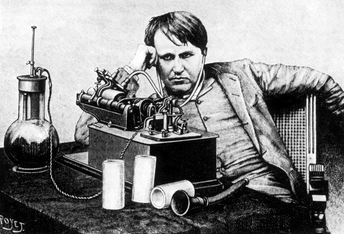 Gravur zeigt den US-amerikanische Erfinder Thomas A. Edison mit seinem Phonographen