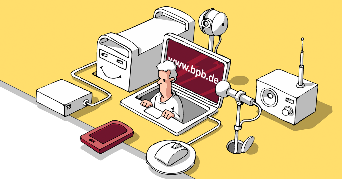Zeichnung vSerschiedener Endgeräte, aus einem Laptop in der Mitte schaut eine FIgur heraus.
