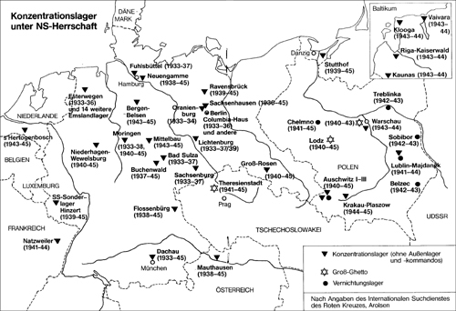 Auf einer Landkarte ist vermerkt, wo sich die Konzentrationslager während der nationalsozialistischen Herrschaft befanden.