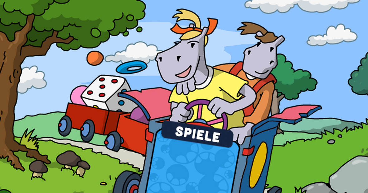 Comicfiguren Hippel und Hippa fahren in einem mit Spielen beladenen Seifenkistenfahrzeug