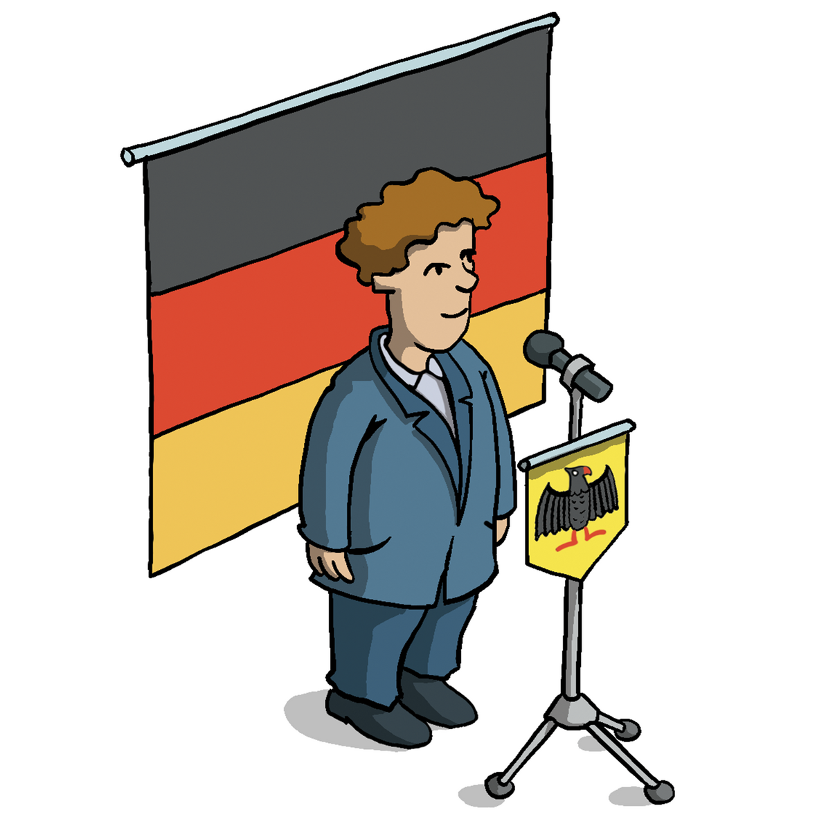 Man sieht den/ die Bundespräsident/in auf einem großen, roten Stuhl mit dem Bundeswappen Adler, sitzen. 
