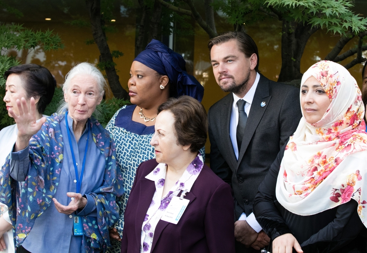 Jane Goodall und Leonardo DiCaprio bei den Vereinten Nationen bei einer Feier zum Weltfriedenstag 2016
