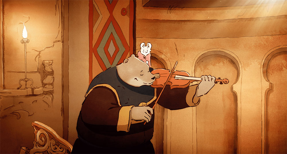 Szenenbild: Ernest mit Célestine auf seiner linken Schulter spielt auf seiner Geige. Beide wirken glücklich.