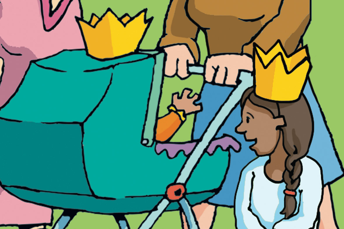 Kinderwagen mit Krone. Ilustration zu Artikel 1 des Grundgesetzes: Die Würde des Menschen ist unantastbar