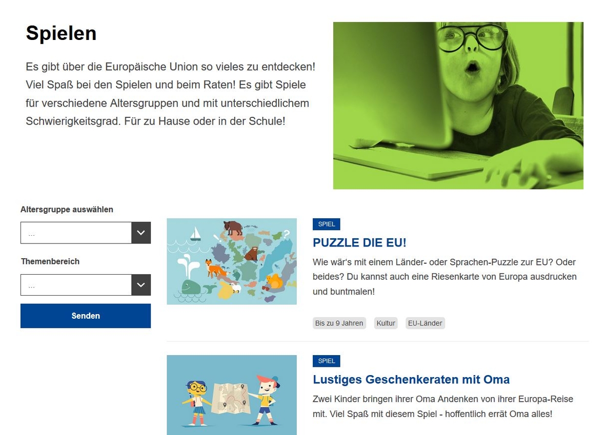 Spiele-Bereich der EU-Webseite/ Screenshot https://europa.eu/learning-corner/play-games_de