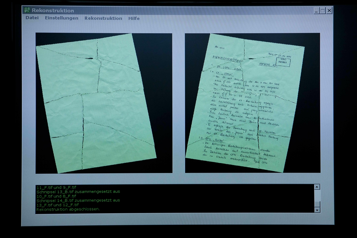 Hier sieht man zwei Seiten einer Stasi-Akte, die mit Hilfe eines Computers-Programms zusammengesetzt wurde.