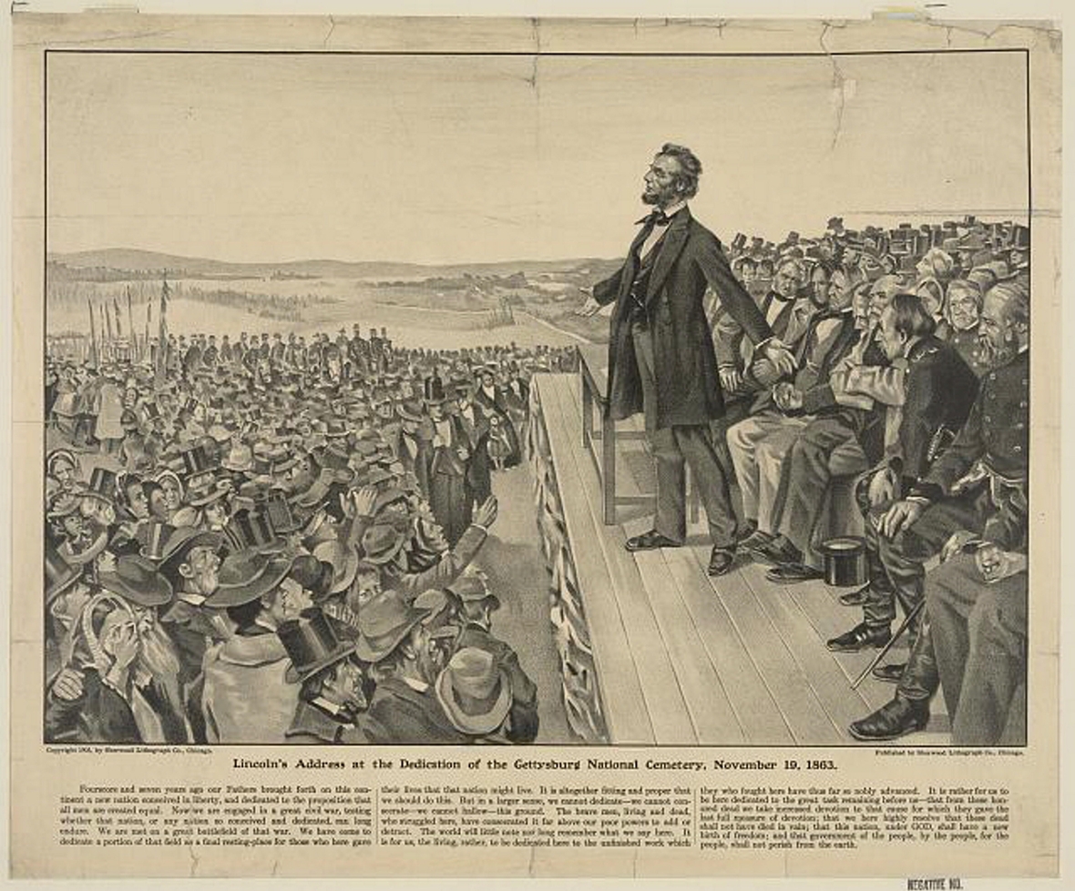 Abraham Lincoln, von 1861 bis 1865 Präsident der Vereinigten Staaten von Amerika, hielt im November 1863 eine berühmte Rede in Gettysburg. Hier wird ein Zeitungsbericht gezeigt mit Text und Zeichnung des Ereignisses.