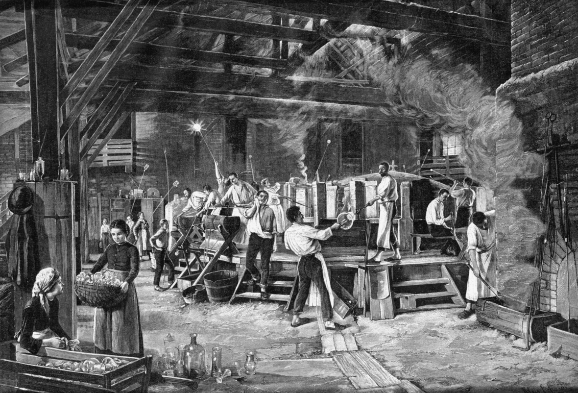 Arbeiter in einer Glashütte - dargestellt auf einem Holzstich von 1890, nach einem Gemälde von Alois Eckardt.