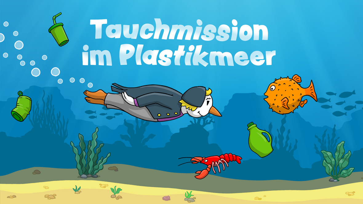 Teaserillu HanisauLand-Spiel "Tauchmission im Plastikmeer" mit Clina Pingu
