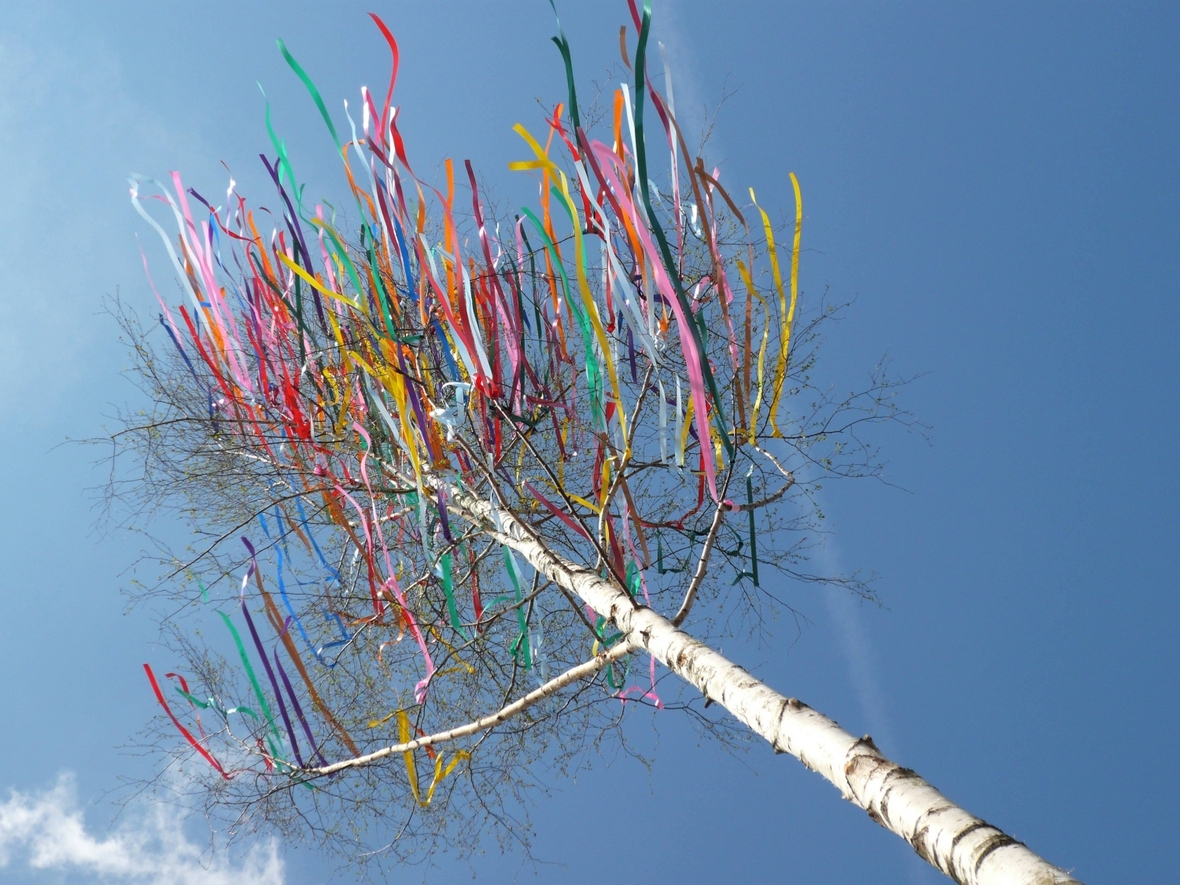 Mit bunten Bändern geschmückter Maibaum