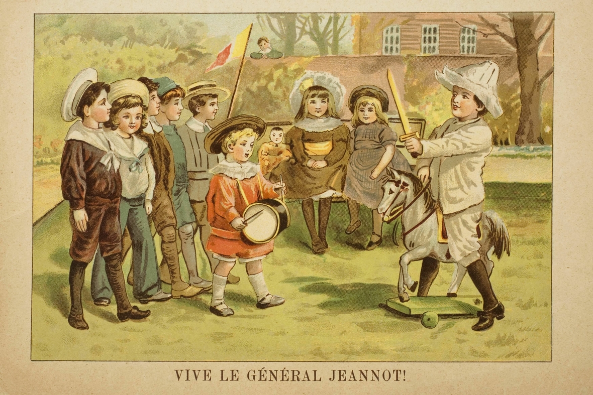 Kinder bei Soldatenspielen. Aus einem französischen Bilderbuch mit Kinderspielen aus dem Jahr 1905.