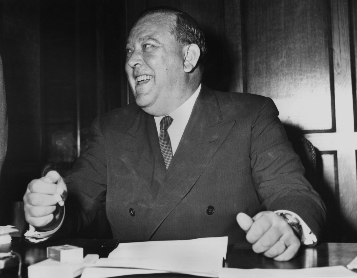 Der 1. UN-Generalsekretär Trygve Lie (Norwegen) auf einer Pressekonferenz in Paris am 3. Mai 1950. 