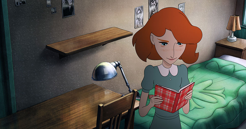 Szenenbild: Kitty steht vor dem Bett von Anne Frank und entdeckt Annes Tagebuch.
