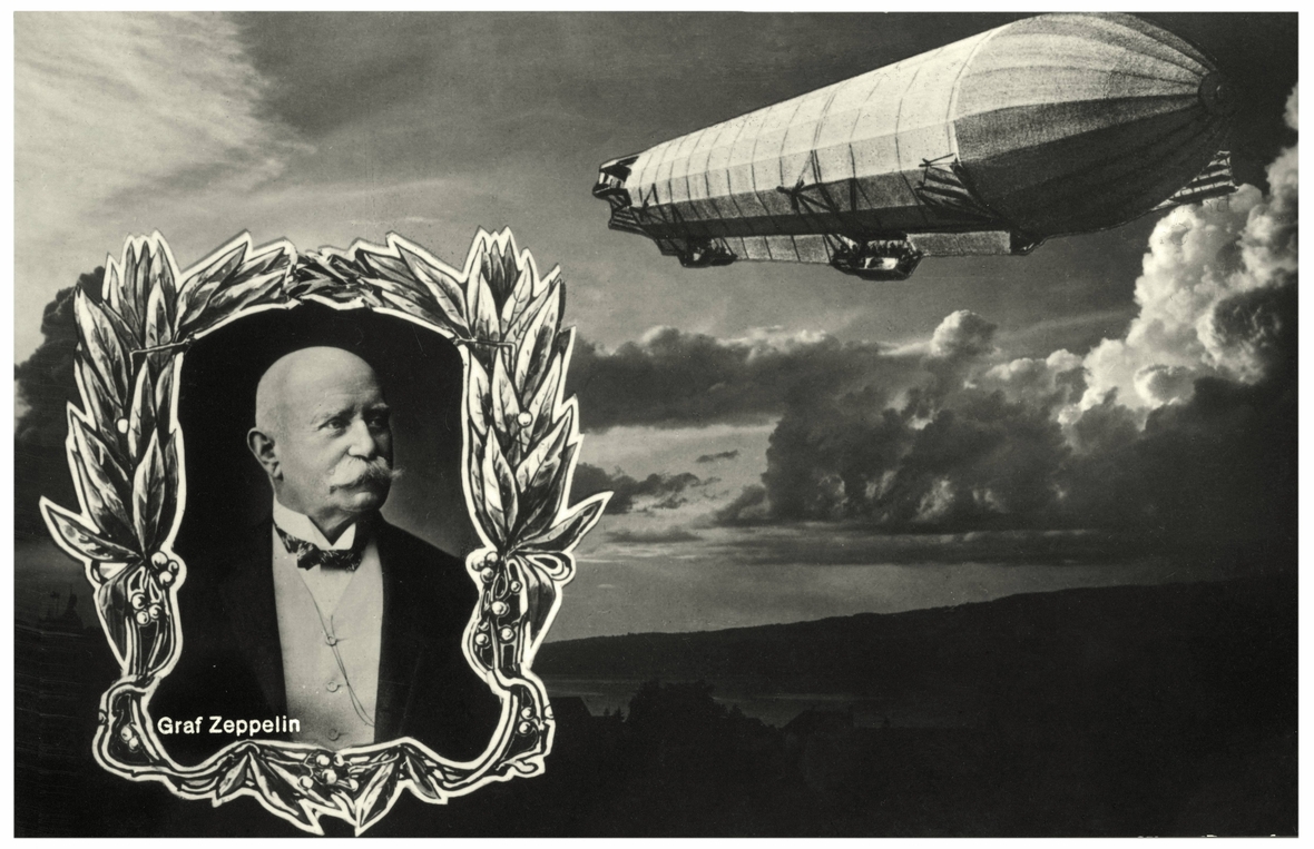 Postkarte ungefähr aus dem Jahr 1908: Collage mit einem Porträt von Ferdinand Graf von Zeppelin und mit einem Luftschiff