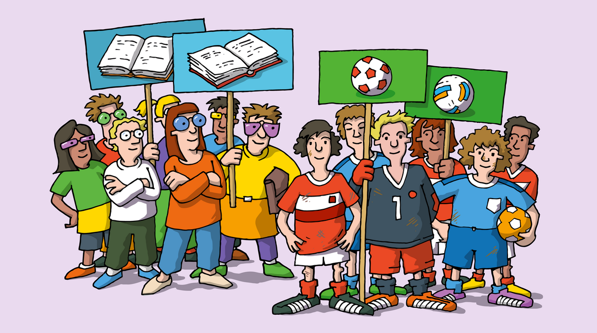Zwei Gruppen stehen einander gegenüber: Kinder, die mehr Lesen wollen und Kinder, die mehr Sport haben wollen.