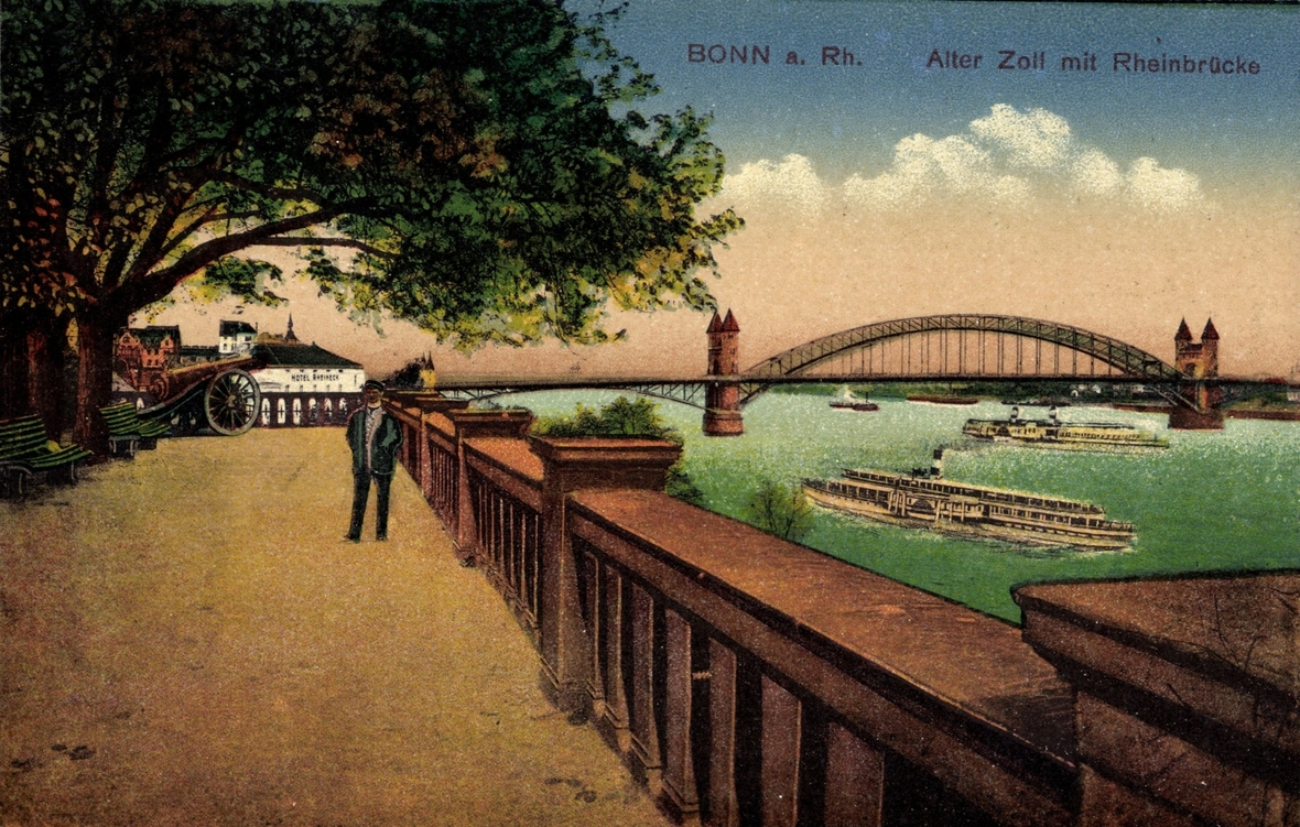Eine alte Ansicht von Bonn am Rhein mit dem Blick auf den alten Zoll mit der Rheinbrücke.
