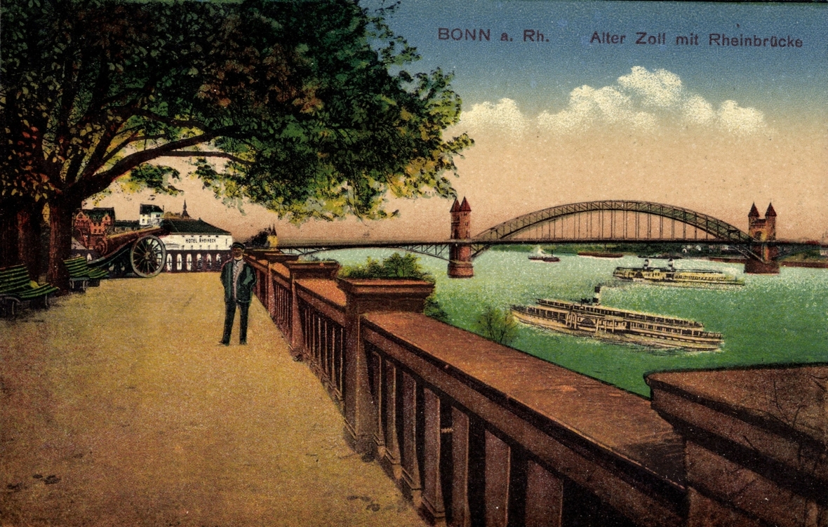 Eine alte Ansicht von Bonn am Rhein mit dem Blick auf den Alten Zoll an der Rheinbrücke.