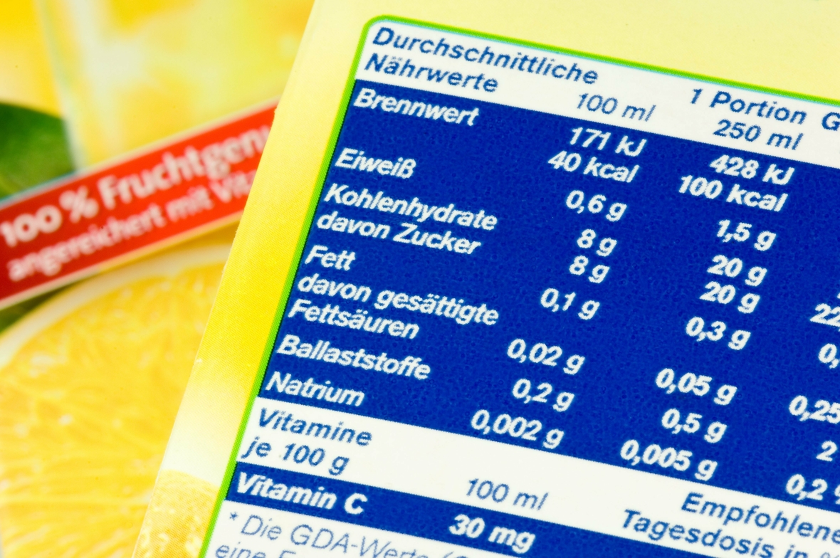 Nährwerttabelle auf einer Lebensmittelverpackung. Aufgelistet sind die Anteile von Fett, Zucker etc., die das Lebensmittel enthält.