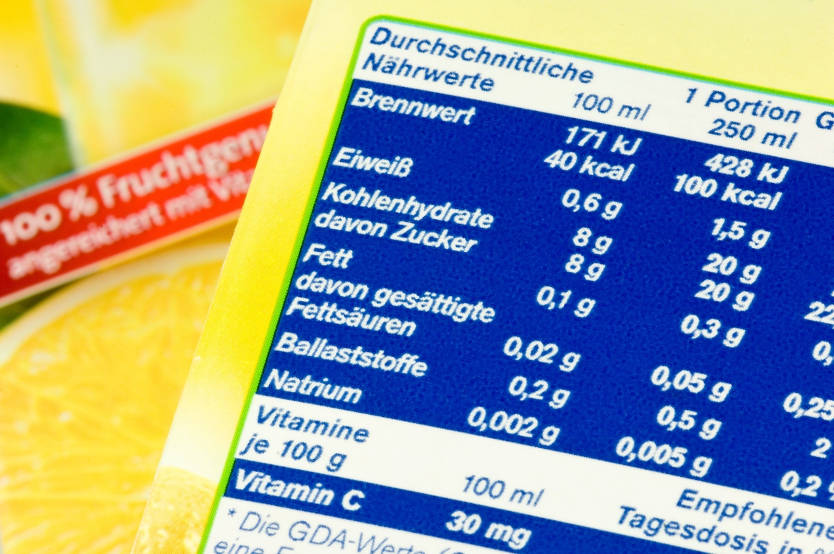 Nährwerttabelle auf einer Lebensmittelverpackung. Aufgelistet sind die Anteile von Fett, Zucker etc., die das Lebensmittel enthält.