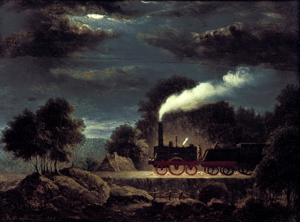 Der "Adler" war die erste Lokomotive, die auf der Strecke von Nürnberg nach Fürth 1835 verkehrte. Diese Bild von J. Baumhauer ist vermutlich die erste Darstellung der "Adler".