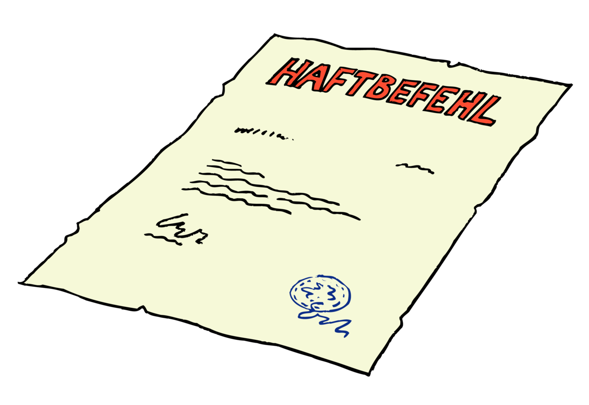 DIe Illustration zeigt ein Stück Papier, auf der das Wort "Haftbefehl" steht und einige Schriftzeilen angedeutet sind.