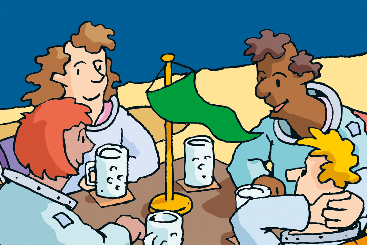 Gruppe an einem Tisch. Illustration zu Artikel 8 des Grundgesetzes: Versammlungsfreiheit 