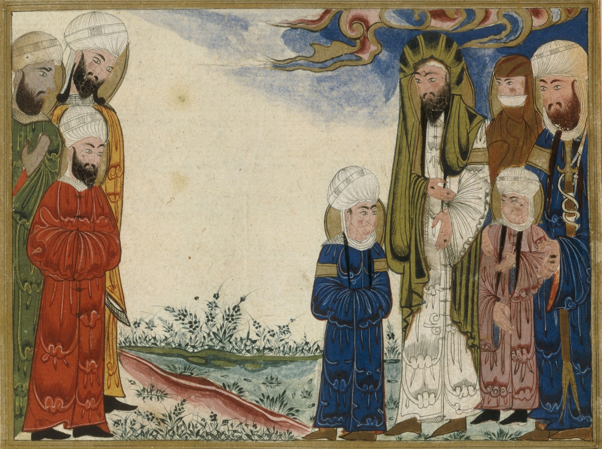 Muhammad, seine Tochter Fatima, Schwiegersohn Ali und seine zwei Enkelkinder. Das Bild findet sich in einer arabischen Handschrift aus dem 18. Jahrhundert