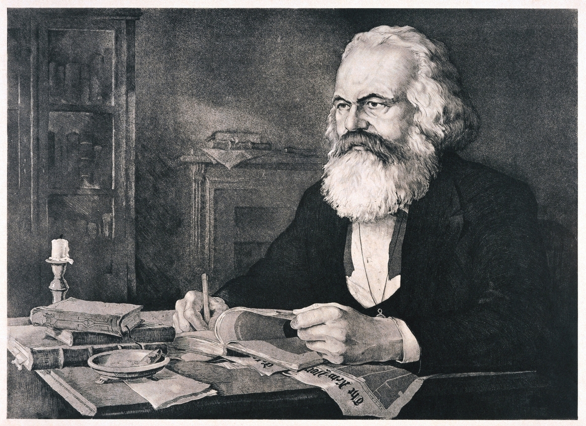 Karl Marx auf einem Gemälde von Werner Ruhner. Die Radierung heißt "Karl Marx in seinem Arbeitszimmer in London"