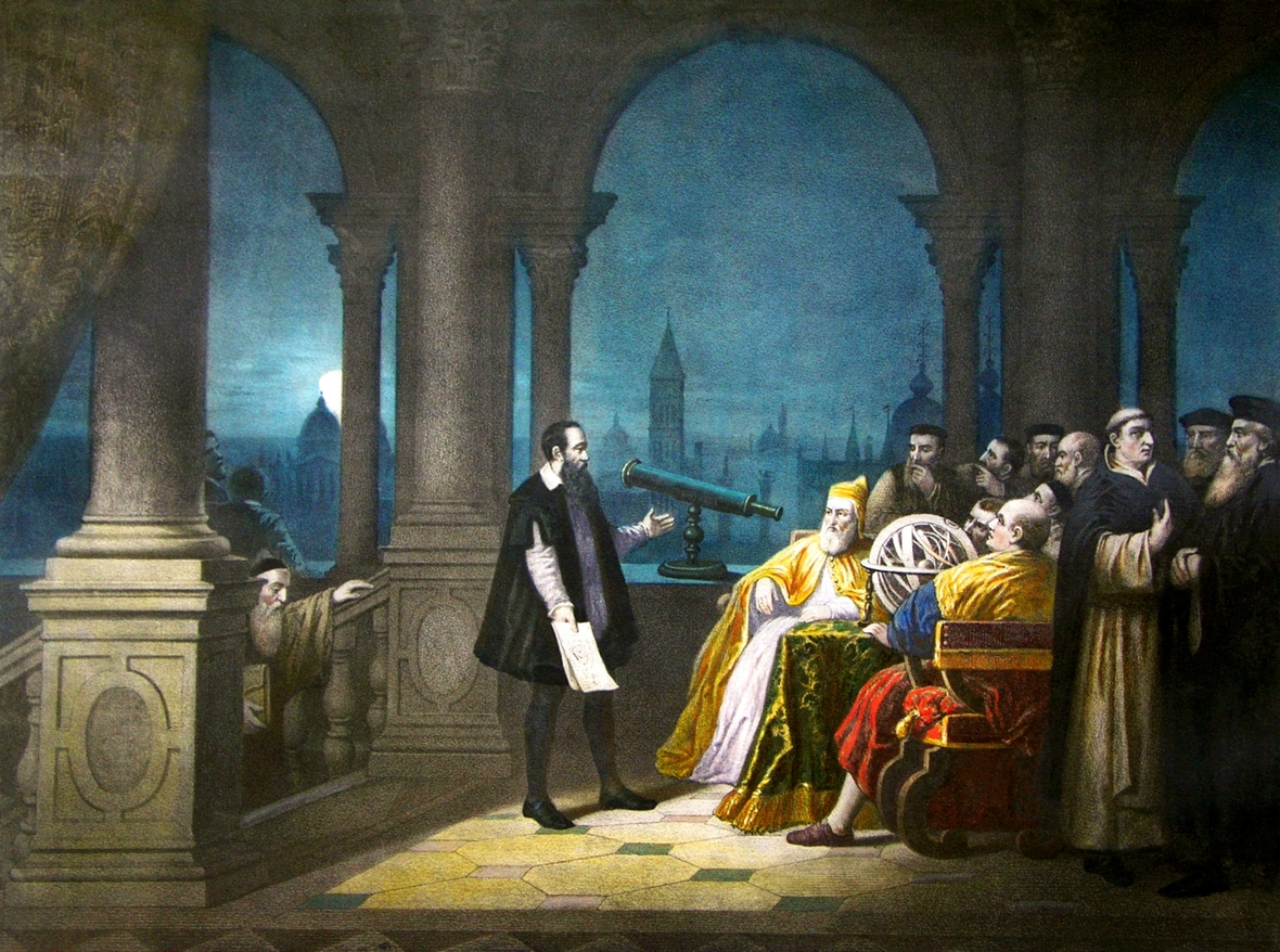 Venedig 1609: Galileo Galilei zeigt Senatoren, wie man das Teleskop benutzt. emälde von H.J. Detouche.