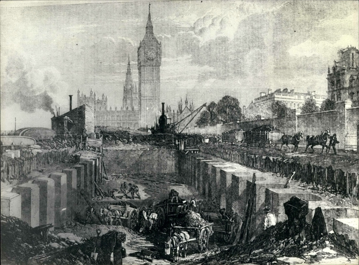 Bau des Tunnels für die Londoner Metro mit dem berühmten "Bin Ben" im Hintergrund, 1863