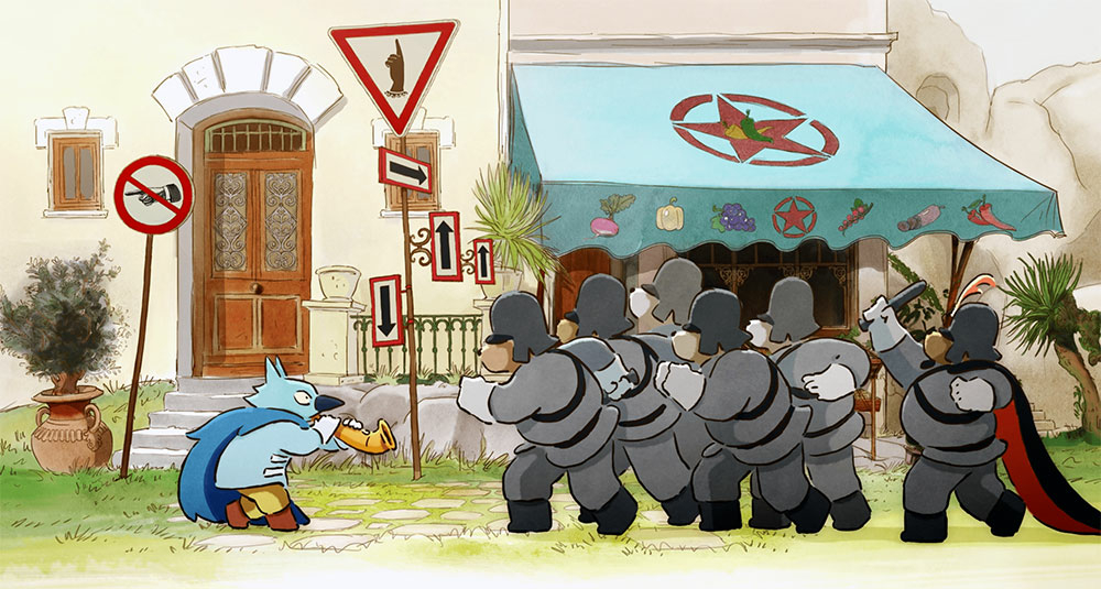 Szenenbild: Ein Wesen mit einem Saxophon (links im Bild) widersetzt sich der Polizei (rechts im Bild). Die Polizisten sind dunkel gekleidet und wollen das Wesen verhaften.