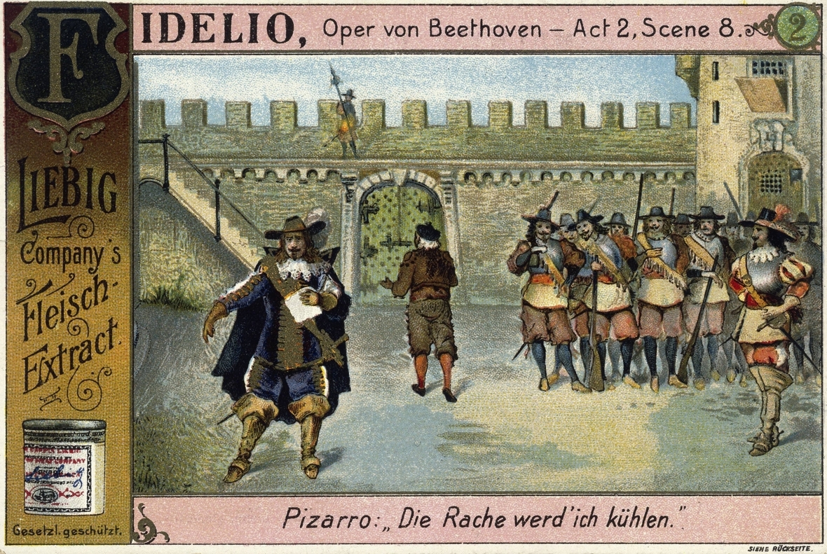Das Sammelbildchen (um 1805) von Liebig Company's Fleisch-Extract zeigt Ludwig van Beethovens Werk "Fidelio"