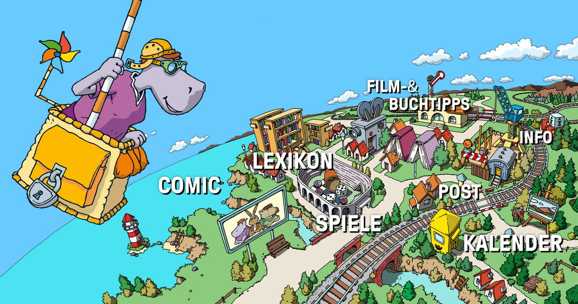 Die Comicfigur schwebt über einer Landschaft, die mit den verschiedenen Spartentiteln der Homepage beschriftet ist.