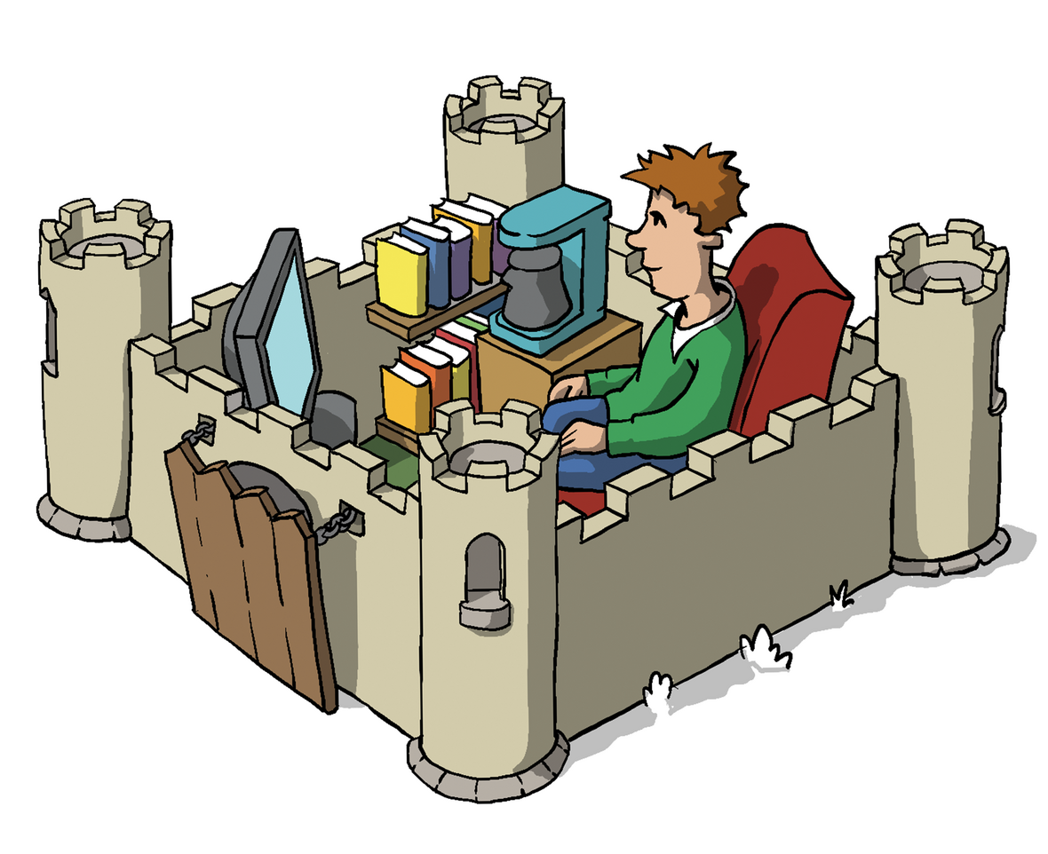 Man sieht sieht, wie jemand in seinem Zimmer sitzt und die Wände sehen aus wie eine Burg. 