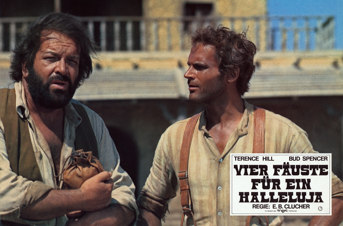 Die Aufnahme zeigt Bud Spencer (links) und Terence Hill im Western " Vier Fäuste für ein Halleluja",  Italien 1971